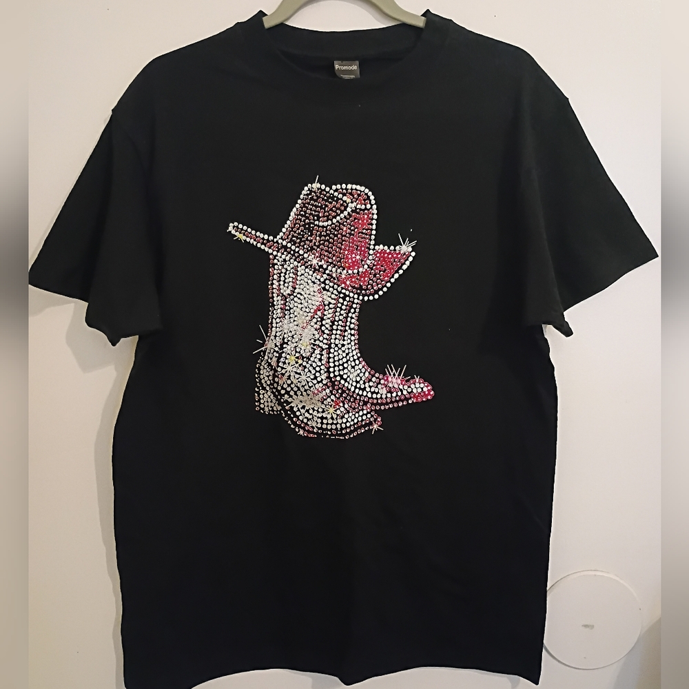 Promod Black Women's Heavyweight Classic Fit T-Shirt Cowboy Boots Print‎ Sz L